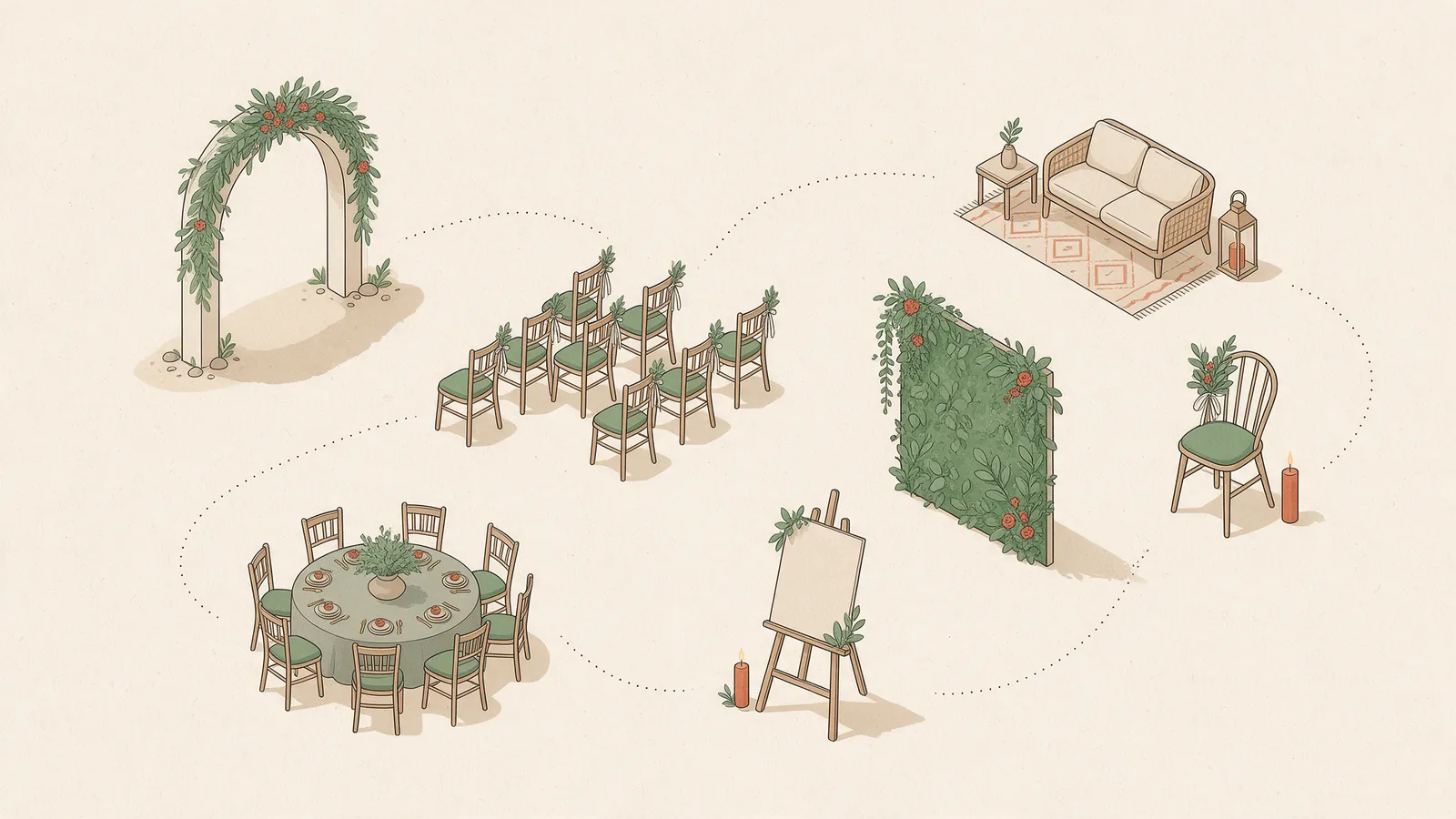 Ilustración de los siete espacios que se decoran en una boda: entrada, ceremonia, mesas, cartelería, photocall, rincones y sillas