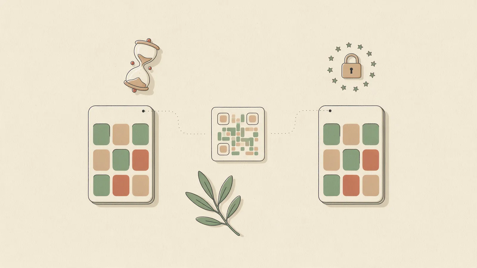 Ilustración de dos álbumes de boda digitales enfrentados: uno con un reloj de arena encima y otro con un candado europeo, unidos por un código QR