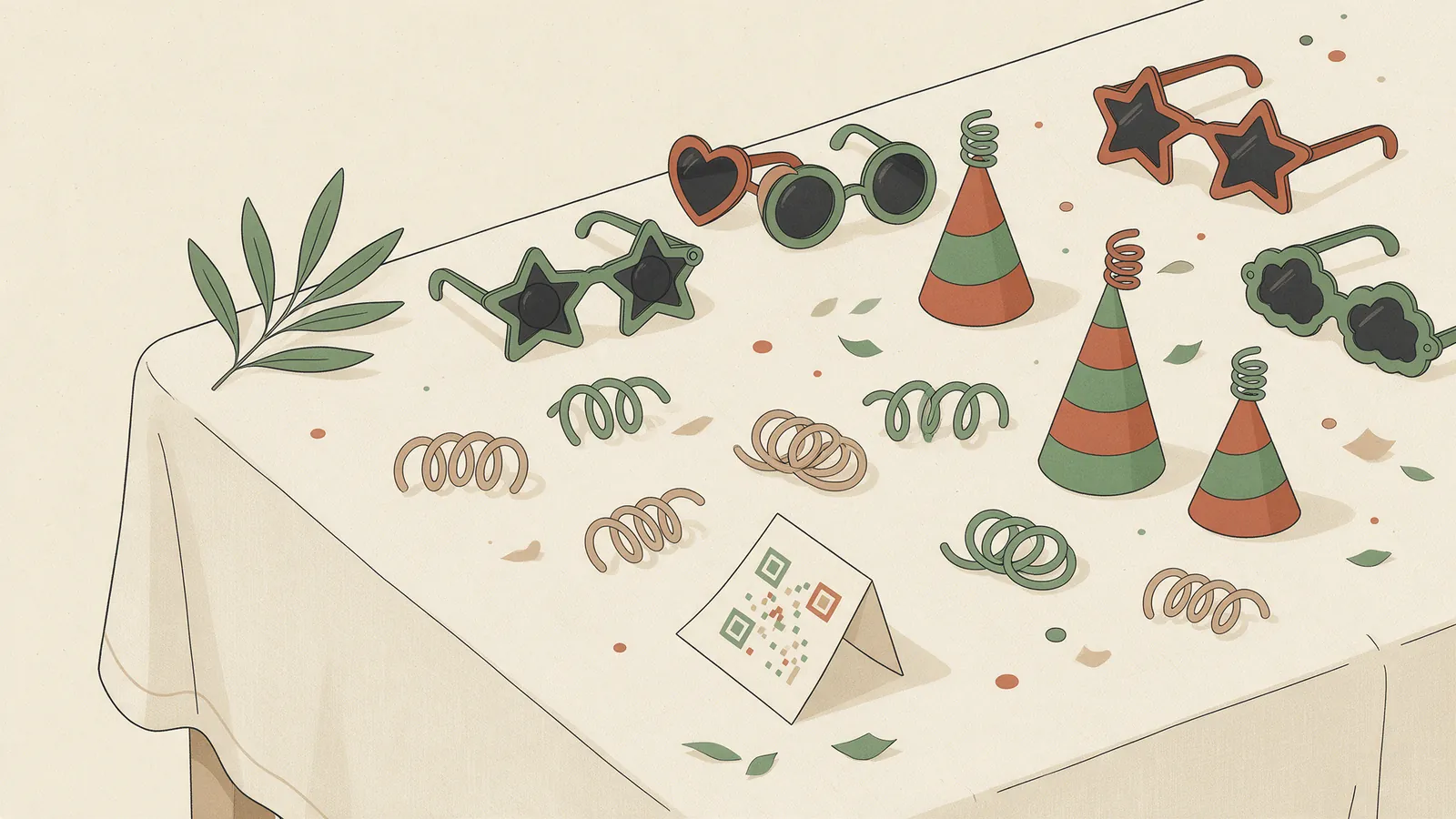 Ilustración de una mesa de cotillón de boda con gafas de colores, gorros de fiesta y pulseras, y una tarjeta con código QR apoyada delante