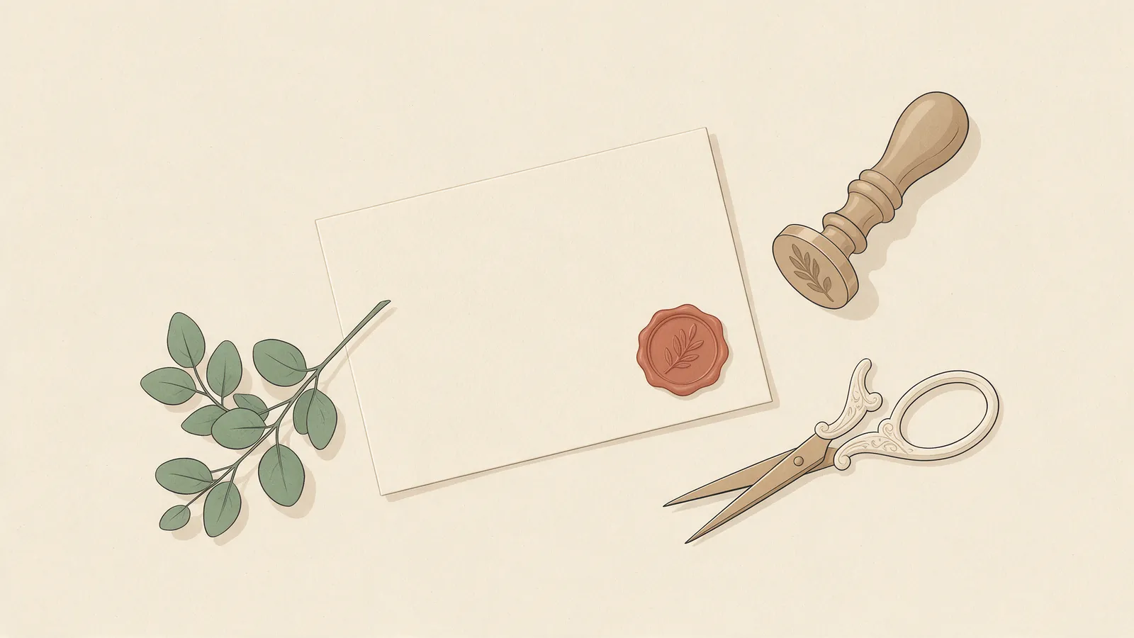 Ilustración plana de una tarjeta de invitación en blanco con un sello de lacre terracota, un sello de latón, unas tijeras y una rama de eucalipto