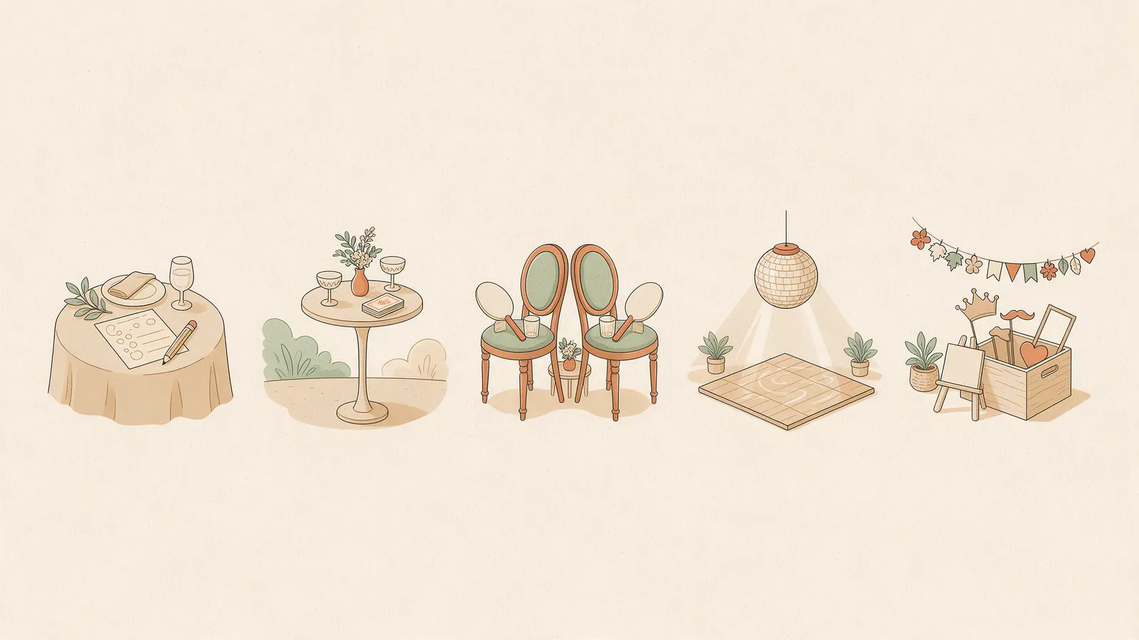 Ilustración de los cinco momentos de una boda en los que encaja un juego: banquete sentado, cóctel al aire libre, pruebas de la pareja, pista de baile y rincón de fotos