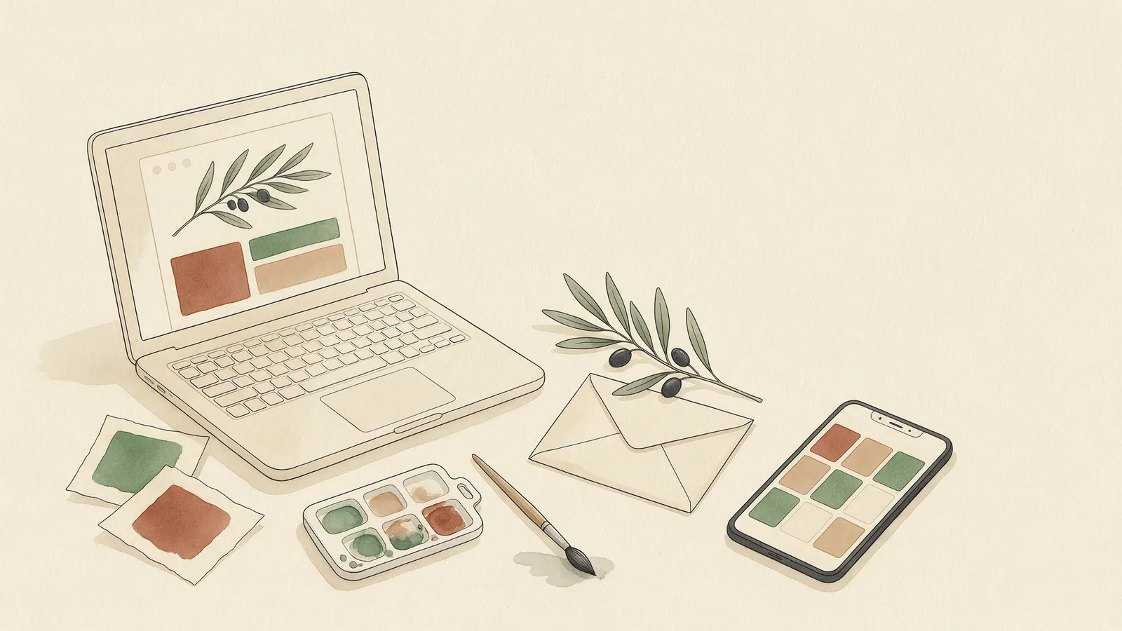 Ilustración plana de un escritorio con un portátil que muestra una web de boda ilustrada con una rama de olivo, una paleta de acuarela con pincel y un móvil con una cuadrícula de plantillas