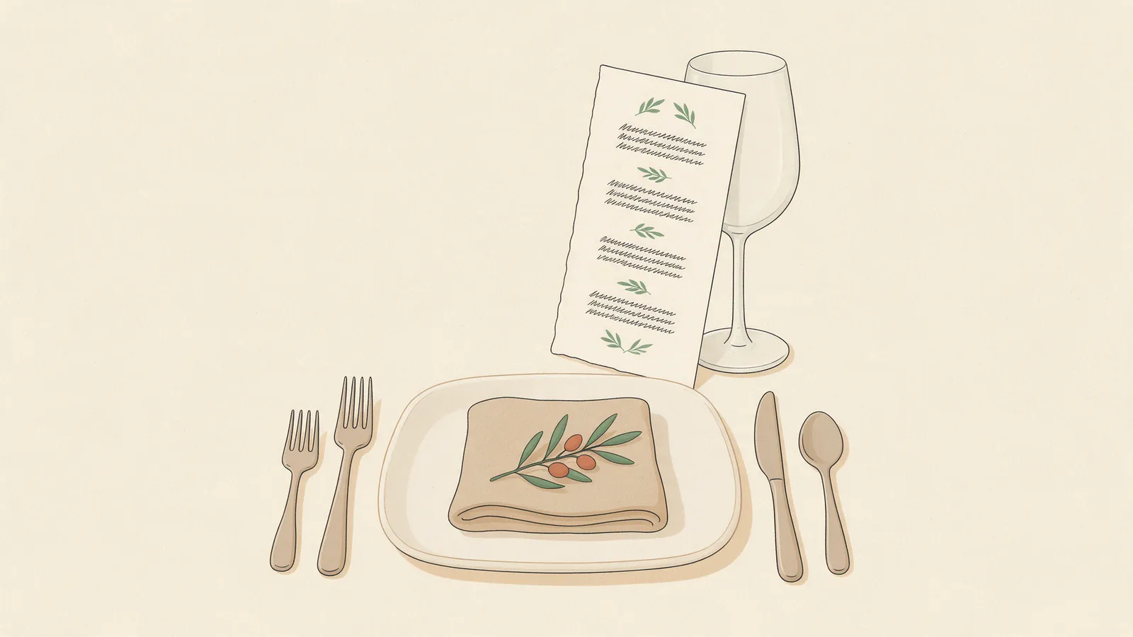 Ilustración de una minuta de boda apoyada en una mesa puesta, con los cinco bloques del menú escritos a mano
