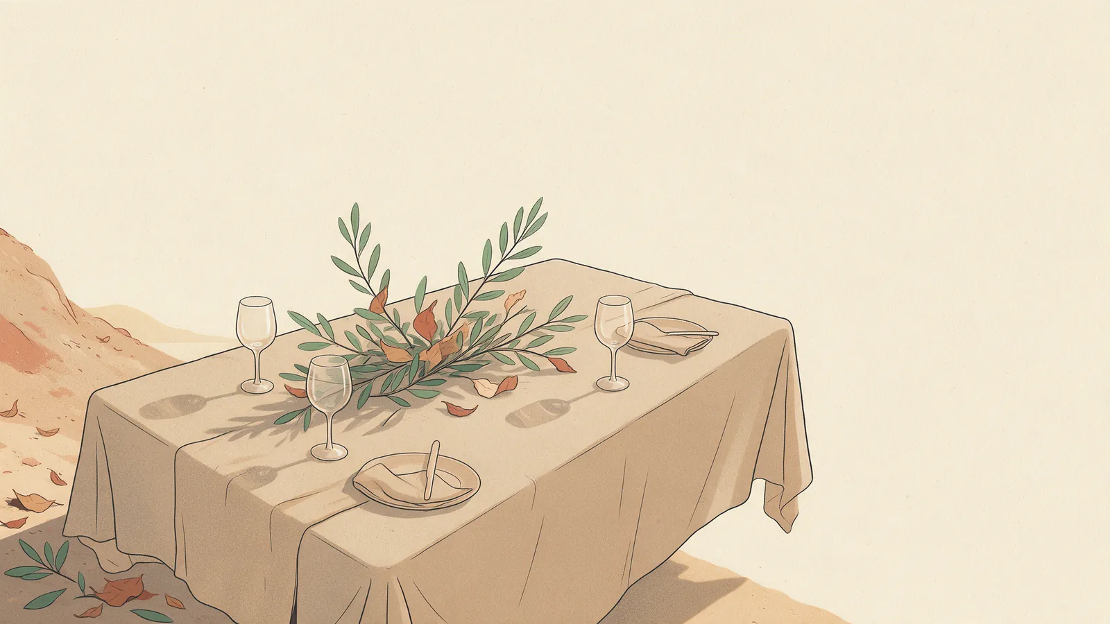 Ilustración plana de una mesa de boda al aire libre al final de la tarde con copas, ramas de olivo y unas hojas secas sobre el mantel, con sombras alargadas de final de verano