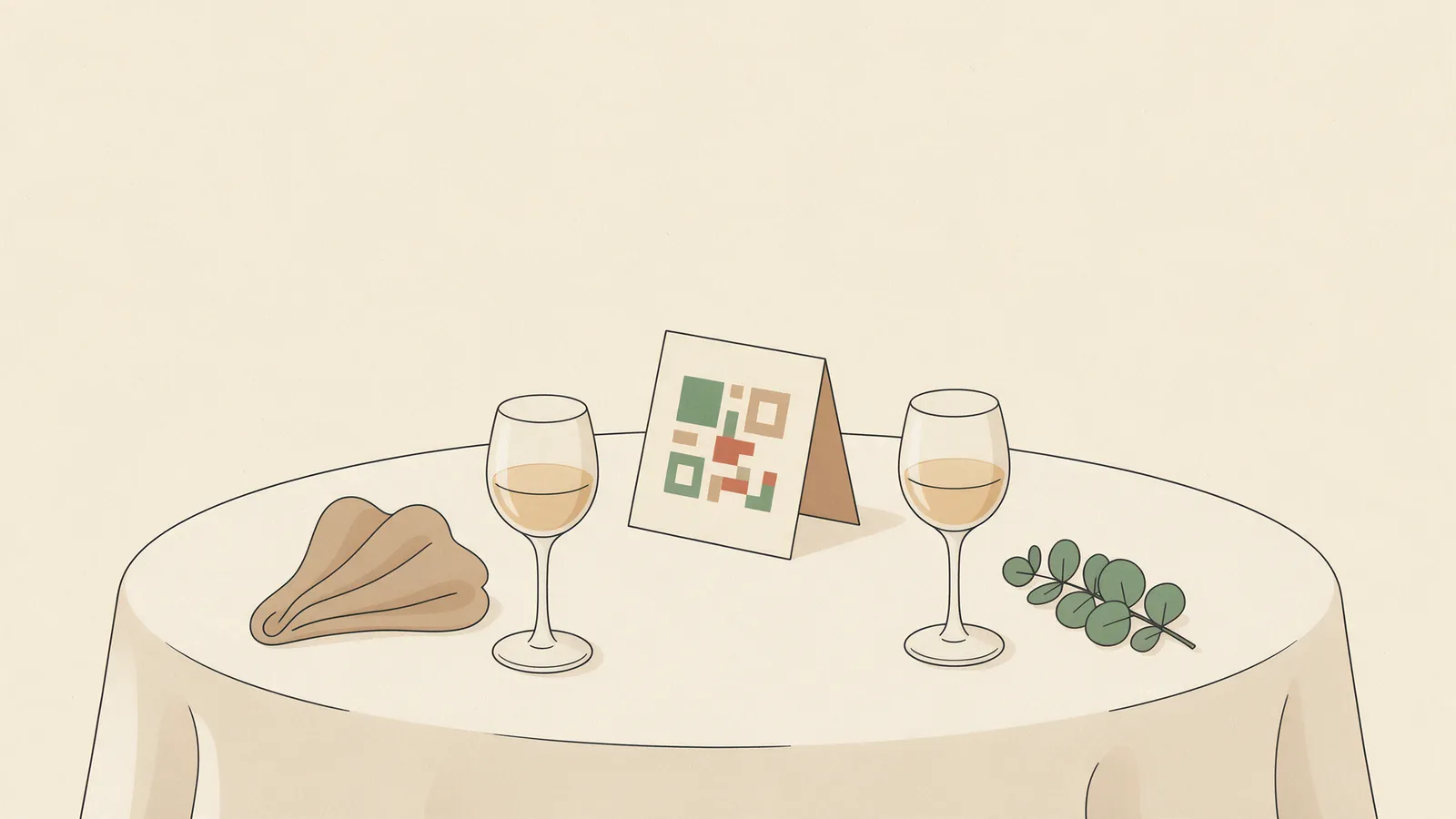 Ilustración de una mesa de banquete con una tarjeta con código QR apoyada entre dos copas
