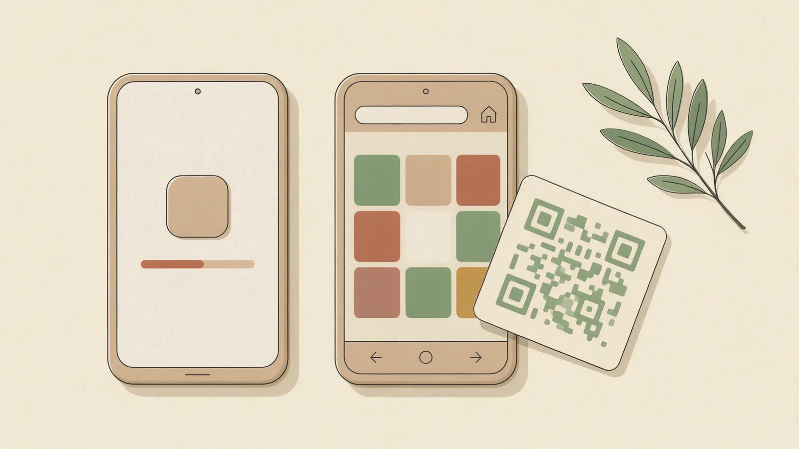 Ilustración de dos móviles comparados: en uno hay que instalar una app, en el otro el álbum de boda se abre en el navegador tras escanear un código QR